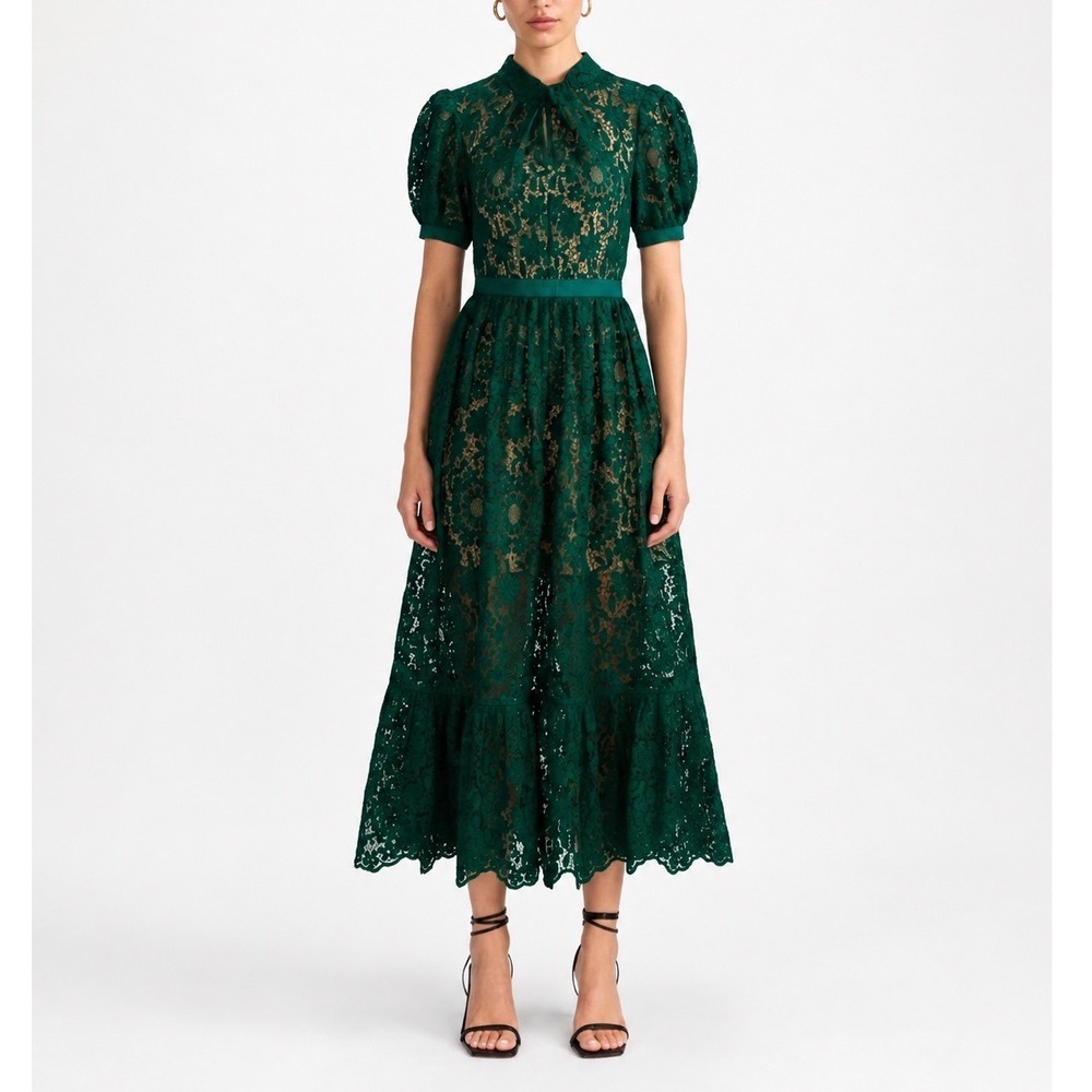 Self-Portrait Green Guipure Lace Midi Dress Women's US 10 Puff Sleeve Formal